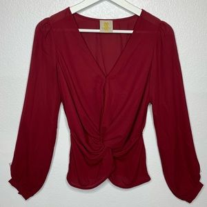 Sis Sis Sheer Maroon Faux Twist Puplum Style Top Small